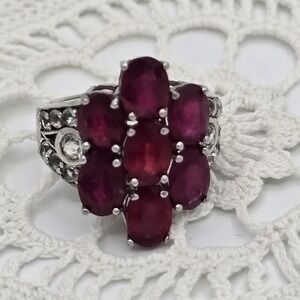 925 Cluster Ring Sterling Silver Red Colored Gemstone Flower Size 5